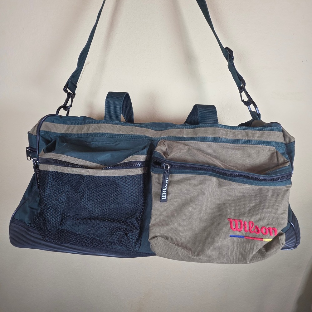 Wilson Duffel Bag Green Tan Multi‎ Pocket Adjustable Strap Sports Travel